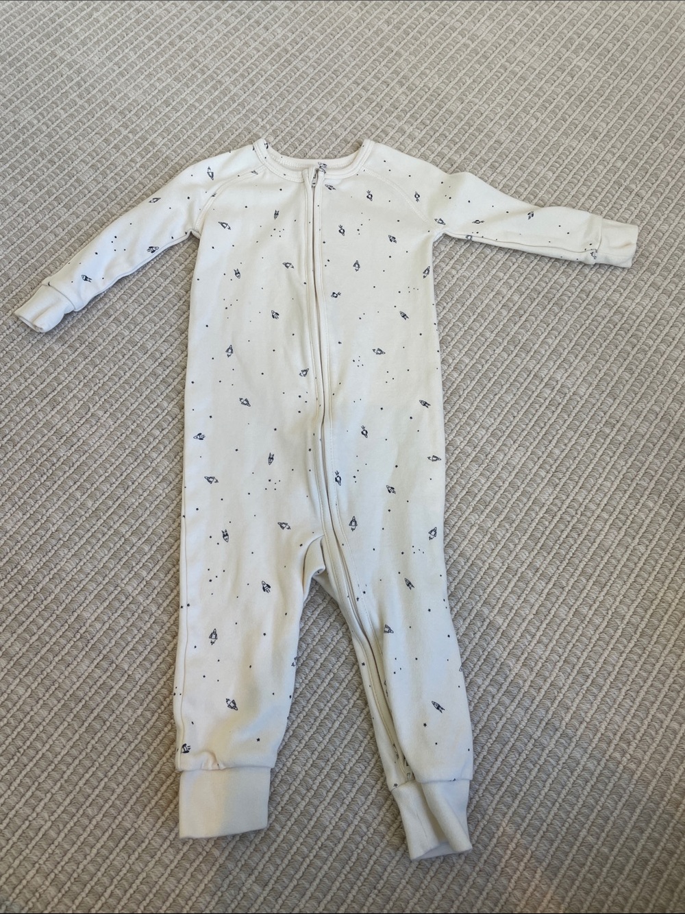 Cream Zip-Front Baby One-Piece with Navy Space Motif